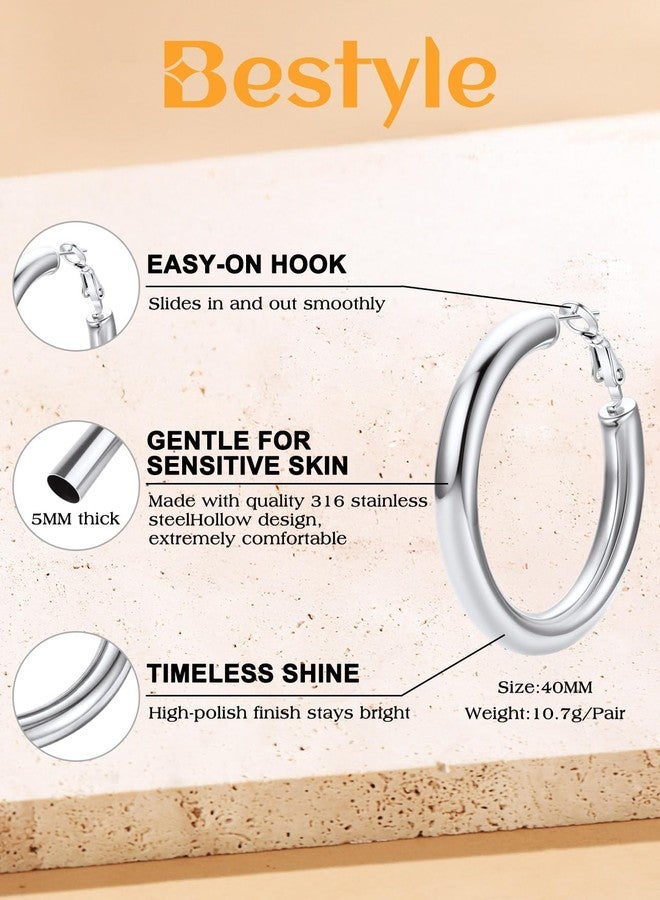 Bestyle 5mm Thick Large Silver Hoop Earrings Lightweight Chunky Hoop Earrings Hollow Tube Hypoallergenic Trendy Stainless Steel Earrings for Women 40mm - Image 4